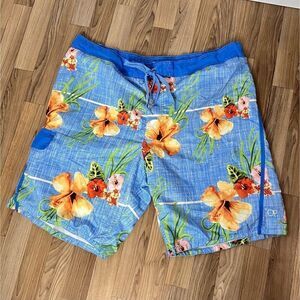 OP Sz 2XL Swim Trunks Board Shorts Mens Drawstring Blue Hawaiian Floral 0841